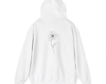 May include: White hoodie with a drawstring hood and a floral line drawing on the back. The minimalist design features a delicate black outline of a flower and stem, offering a simple, elegant aesthetic. This casual sweatshirt is perfect for everyday wear.