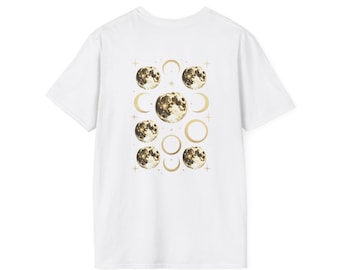 Moon Phases Pattern T-Shirt | Celestial Moons, Gold Accents