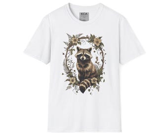 Woodland Raccoon Floral Wreath T-Shirt | Forest Animal Tee