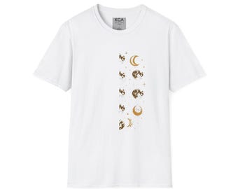 Gold Moon Phases T-Shirt | Celestial Crescent and Full Moon Vertical Design