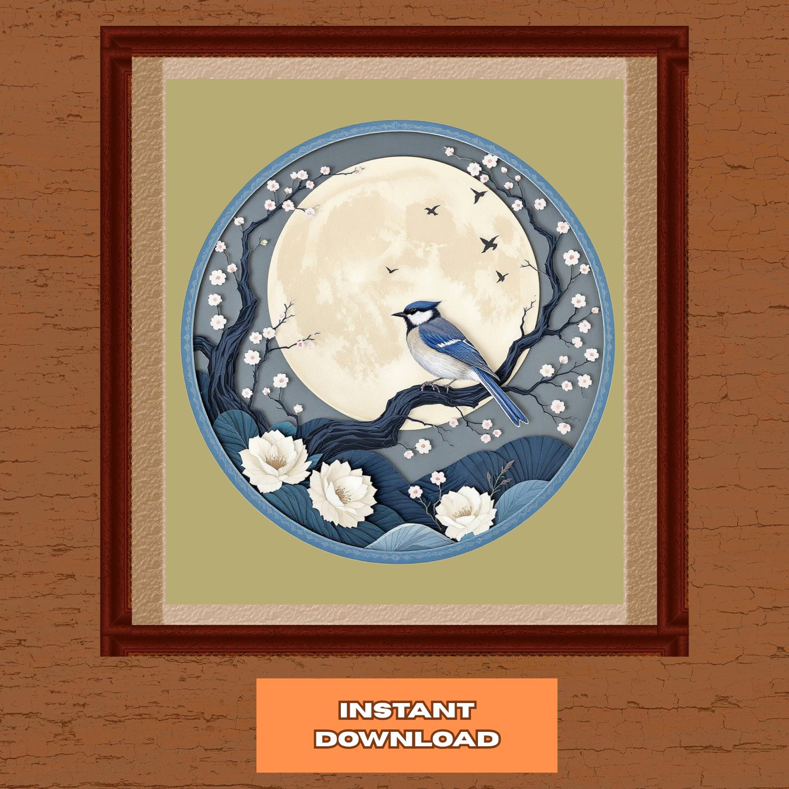 3D Bird Shadow Box SVG | Layered Moon and Flowers Papercut Template ...