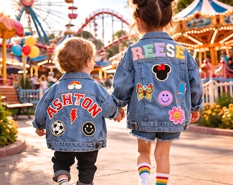 Gepersonaliseerde spijkerjasje met chenilleletter voor kinderen, aangepaste naam spijkerjasje peuter, verjaardagscadeau