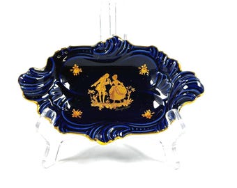 Plato de porcelana azul cobalto y oro de Limoges 22k Castel France para parejas de enamorados.
