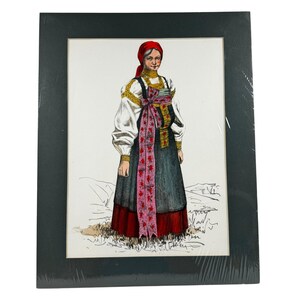 VTG Eastern European Folk Costume Illustration Green Matted Art Oleg Fedorov