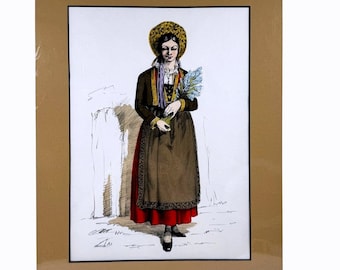 Ilustración de traje folclórico del norte de Italia europeo, estilo vintage, lámina en color crema tostado mate.