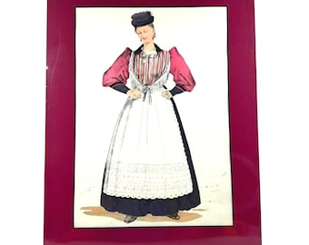 VTG Europeisk Italiensk Modeillustration Tryckkonst Folkdräkt Vinröd Matterad