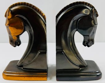 Art Deco Bronze Copper Patina Trojan Horse Head Bookends Heavy Equestrian 1930s