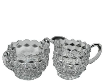 Vintage Fostoria Clear Pressed Glass Diamond Point Cream and Sugar Bowl Set NICE