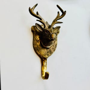 Vintage Brass Stag Deer Head Wall Hook Mount Trophy Style Rustic Decor Patina