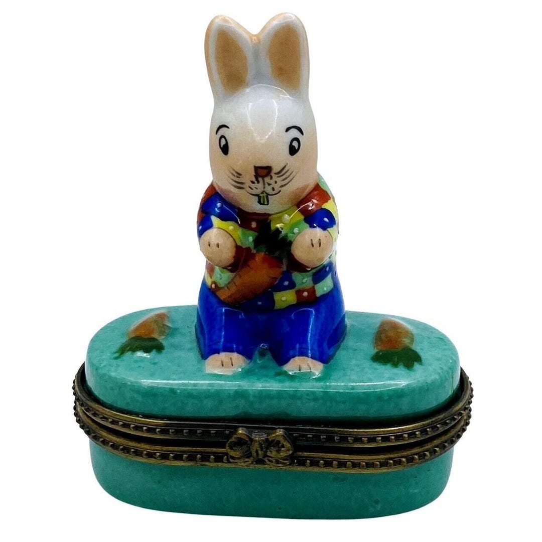 Limoges Style Porcelain Rabbit Bunny Trinket Box Teal With Carrots and ...