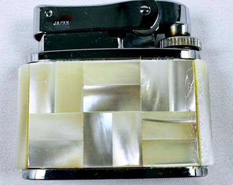 Encendedor de gas Brother-lite antiguo con mosaico de nácar cromado, fabricado en Japón. POR FAVOR LEA.