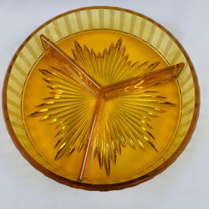 Vintage Amber Glass Divided Dish Candy Nut Trinket Tray Starburst MCM Beautiful