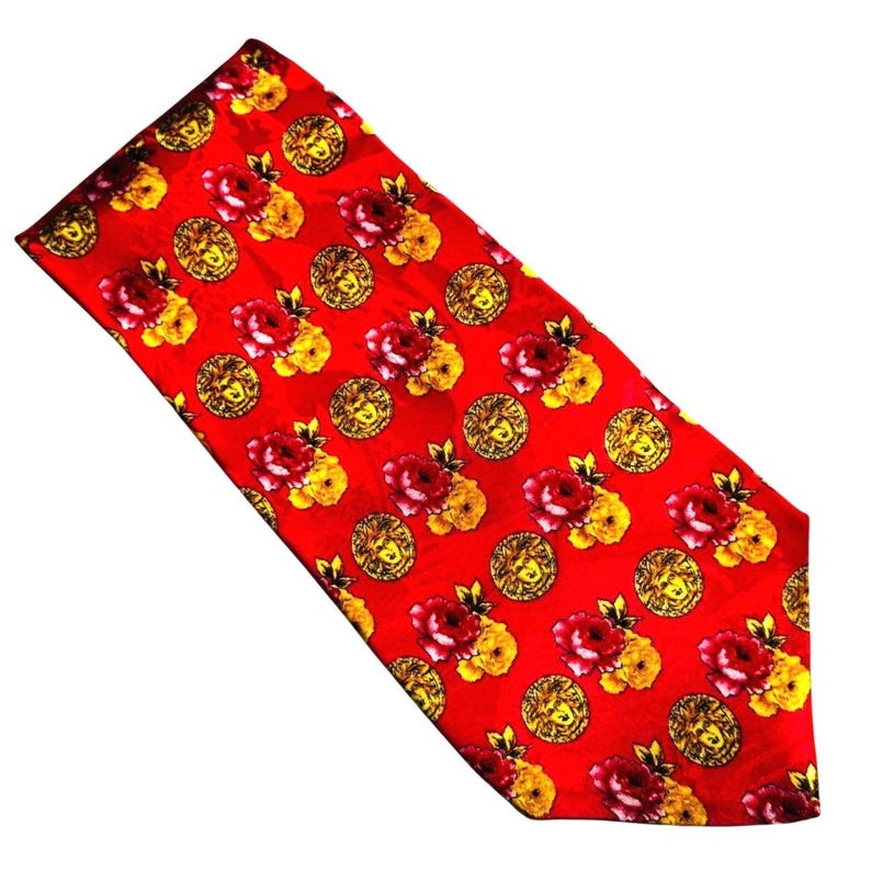 Corbata de seda vintage Gianni Versace, rosa coral, oro, Medusa, hecha en España. ¡Una declaración de estilo! imagen 2