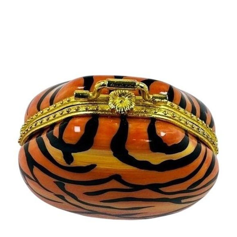 Vintage Y2K miniatuur pillendoosje tijgerprint portemonnee stijl metalen scharnierend deksel Safari afbeelding 4