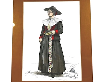 VTG Central European Folk Costume Fashion Hand Illustration Mustard Matted Art