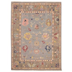 Alfombra moderna de lana Oushak anudada a mano - Alfombra grande gris para sala de estar, estampado floral tribal, decoración de estilo transicional, alfombra hecha a mano