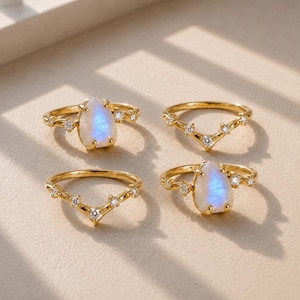 Raw Moonstone Ring Set, Gold Chevron Branch Tiara Band