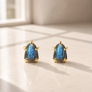 Puede incluir: Un par de pendientes de botón con piedras de labradorita de forma triangular que presentan un destello azul iridiscente. Cada piedra está asegurada en un engaste de metal dorado pulido con cuatro garras que sujetan la gema.