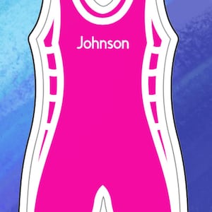 May include: A pink wrestling singlet with the name "Johnson" in white text. The singlet has a white outline and decorative cutouts on the sides. The background is a watercolor wash of blue and purple.