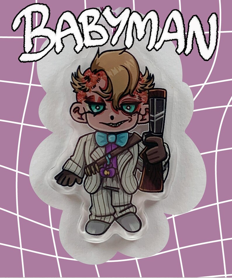May include: A cartoon-style Babyman character with a shotgun, wearing a pinstripe suit, bow tie, and holding a rifle. The character has red and brown hair, green eyes, and a sinister expression. The image has a white cloud-shaped border and a purple grid background.
