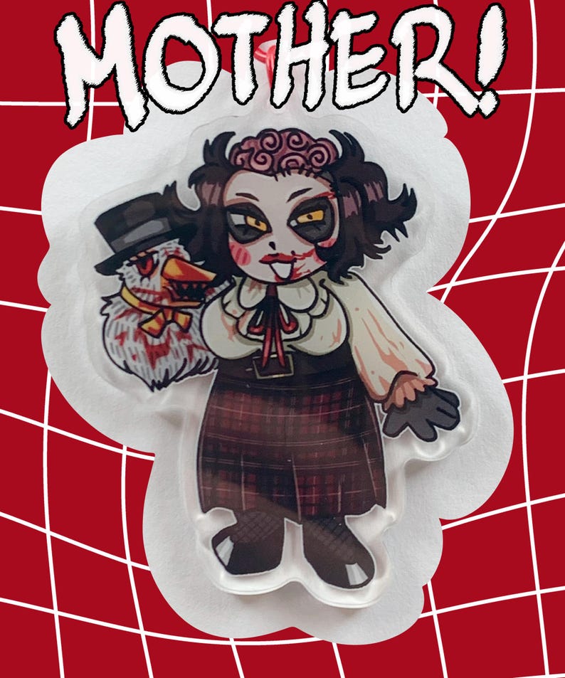 May include: A cartoon illustration of a character with a top hat holding a bloody duck. The character is wearing a white blouse, plaid skirt, and black gloves. The word "MOTHER!" is written above the character in white letters.