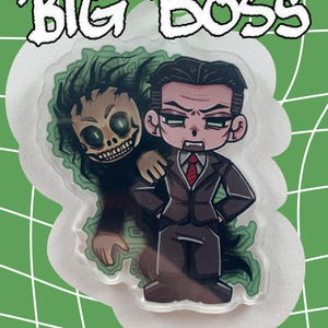 May include: A cartoon-style illustration featuring two characters, one in a suit and tie, the other a skeletal figure. The text "BIG BOSS" is above the characters. The background is a green grid pattern.