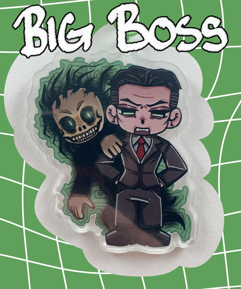 May include: A cartoon-style illustration featuring two characters, one in a suit and tie, the other a skeletal figure. The text "BIG BOSS" is above the characters. The background is a green grid pattern.