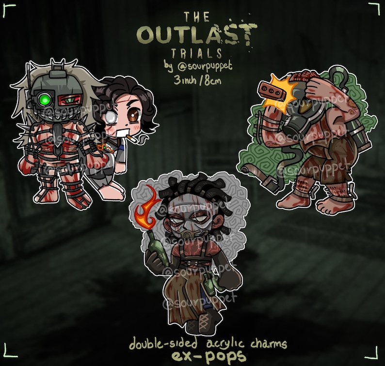 May include: Three double-sided acrylic charms featuring characters from "The Outlast Trials." The charms are approximately 3 inches (7.6 cm) in height. The text "THE OUTLAST TRIALS" and "double-sided acrylic charms ex-pops" are visible.
