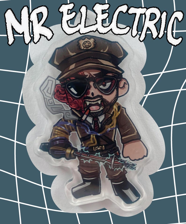 May include: A cartoon-style sticker featuring a character with a military hat, sunglasses, and a partially exposed brain. The character is holding a weapon and smoking a cigarette. The sticker has the text "MR ELECTRIC" at the top.