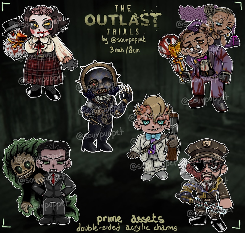 May include: A collection of double-sided acrylic charms featuring characters from "The Outlast Trials." The charms are approximately 3 inches (8 cm) in height and showcase detailed illustrations of various figures with unique designs and colors.