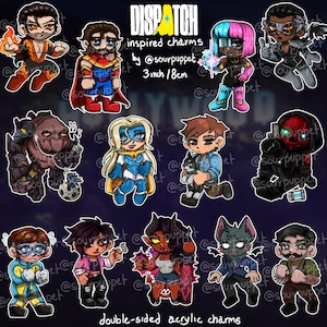 May include: A collection of double-sided acrylic charms featuring various cartoon characters. The charms are approximately 3 inches (8 cm) in height and showcase a variety of colorful designs. The word "DISPATCH" is at the top of the image.