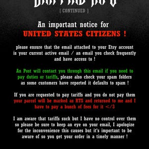 May include: Black background with white text that reads "SHIPPING INFO" at the top. Below, it says "An important notice for UNITED STATES CITIZENS!" and provides information about Etsy account emails and potential tariffs.