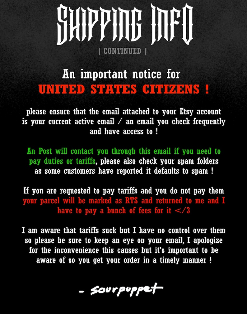 May include: Black background with white text that reads "SHIPPING INFO" at the top. Below, it says "An important notice for UNITED STATES CITIZENS!" and provides information about Etsy account emails and potential tariffs.