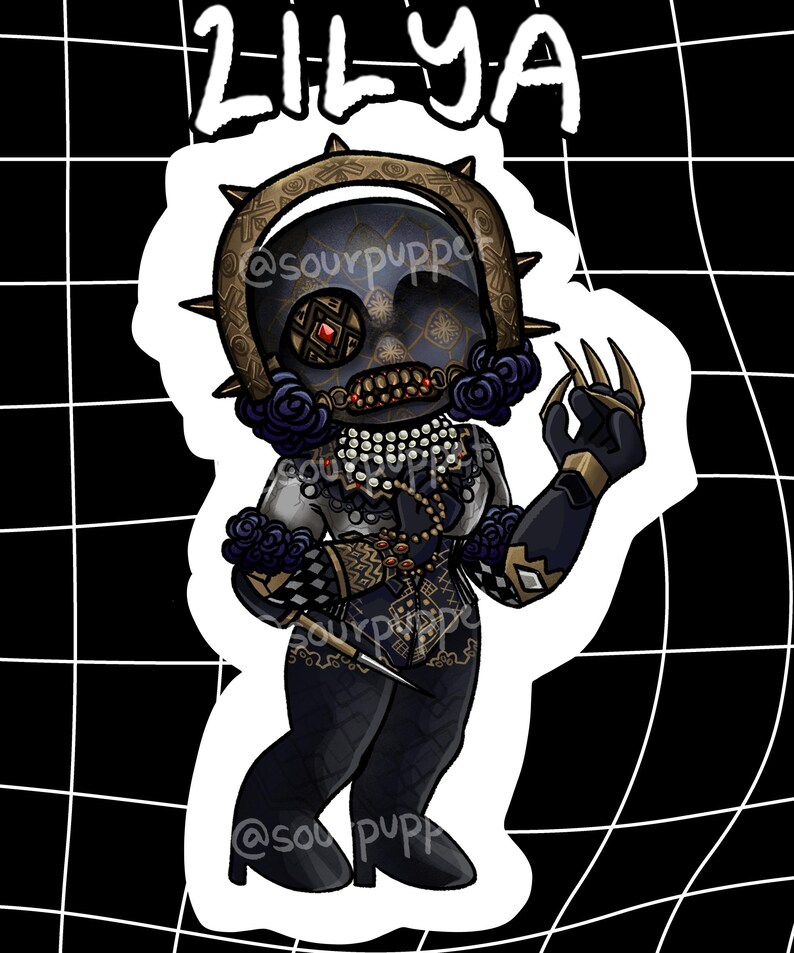 May include: A sticker featuring a stylized illustration of a doll-like figure named Lilya. The figure has a dark face with a decorative headpiece, a necklace, and a patterned outfit. The background is a black and white grid.