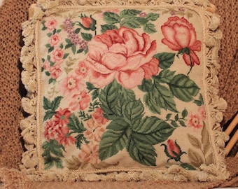 Needlepoint Rose Pillow Cover | Vintage Handstitched Wool Cushion with Tassels