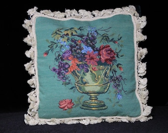 Vintage Needlepoint Pillow Cover | Teal Floral Urn, Tassel Fringe (16x16)