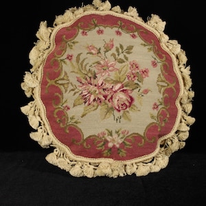 Round Vintage Wool Needlepoint Pillow Cover |  Handstitched Rose Garland Tassel Trim Cottagecore French Country Cushion - 16&quot; Cover Only
