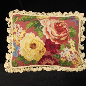 Vintage Wool Needlepoint Pillow Cover | Floral Roses & Peonies |Tassel Fringe Trim | Cottagecore Shabby Chic Cushion Case Decor | 14x18