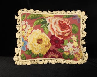 Vintage Wool Needlepoint Pillow Cover | Floral Roses, Tassel Fringe | 14x18