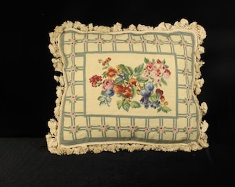 Vintage Wool Needlepoint Pillow Cover | Fruit Floral, Tassel Trim (16x20)
