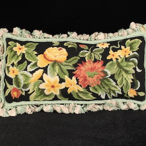 Handstitched Floral Vase Design Tassel Trim | Vintage Wool Needlepoint Pillow Cover | Cottagecore French Country Cushion | 12x16 Cover Only