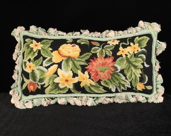 Vintage Floral Needlepoint Pillow Cover | Handstitched Wool Tassel Cushion (8x18)