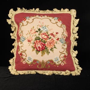 Needlepoint Rose Medallion Tassel Trim | Cottagecore French Country Shabby Chic Decor | Vintage Wool Handstitched Pillow Cover 14x14
