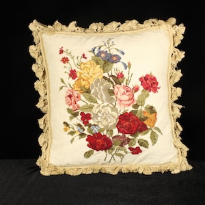 Handstitched Multicolor Floral Bouquet Tassel Trim | Couch Cushion Throw Pillow | Vintage Wool Needlepoint Pillow Cover | 14x14 - Cover Only