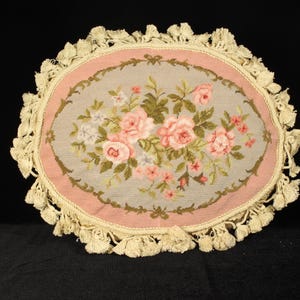 Oval Vintage Wool Needlepoint Pillow Cover | Handstitched Pink Rose Bouquet Tassel Trim Cottagecore French Country | 12x16in Cover Only