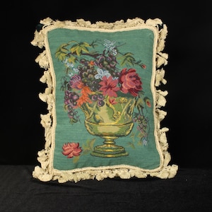 Handstitched Floral Vase Design Tassel Trim | Vintage Wool Needlepoint Pillow Cover | Cottagecore French Country Cushion | 12x16 Cover Only