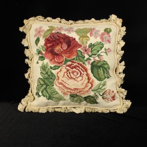 Vintage Wool Needlepoint Pillow Cover 14x18 | Handstitched Rose Design  |Tassel Trim | Cottagecore Floral Cushion | Shabby Chic Throw Pillow