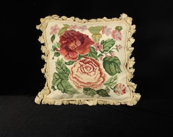 Vintage Wool Needlepoint Pillow Cover | Handstitched Rose, Tassel Trim