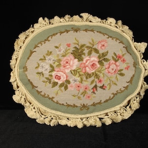 Oval Vintage Wool Needlepoint Pillow Cover | Handstitched Pink Rose Bouquet Tassel Trim Cottagecore French Country | 12x16in Cover Only