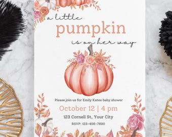 Pink Pumpkin Baby Shower Invitation for Girl, Little Pumpkin Baby Shower, Fall Minimalist Baby Shower Invite
